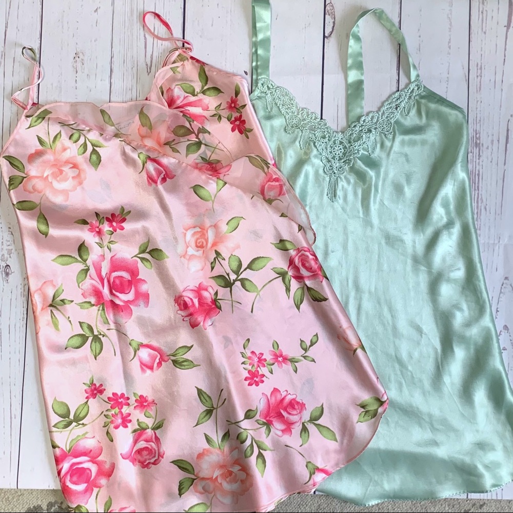 Vintage satin silky nighties lot sz medium chemise lot floral green night gowns